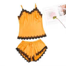 Женский пижамный комплект сплошной шелк цвета Слинг без рукавов Кружева Брим топы с шортами DO99