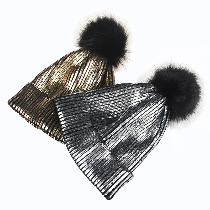 

15PCS / LOT SINGYOU Hot Sale Adult Fur Ball Striped Knitted Hat Autumn Winter Hat for Women Warm Fashion Beanie Gorro Cap