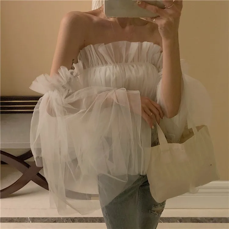 Summer Slash Neck White Blouse Lace Women New Chic Flare Sleeve Casual Mesh Top Sexy Bare Shoulder Elegant Shirt