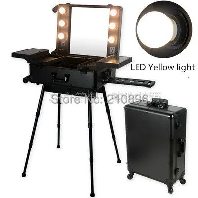 

LED Yellow Light BLACK Professional Aluminum trolley Cosmetic case with lights LED Lighted cosmetic Box