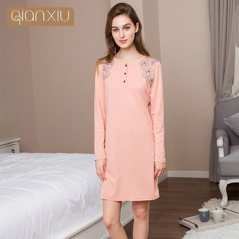 Qianxiu Nightgown For Women Long sleeve Knee length Sleepwear Cotton