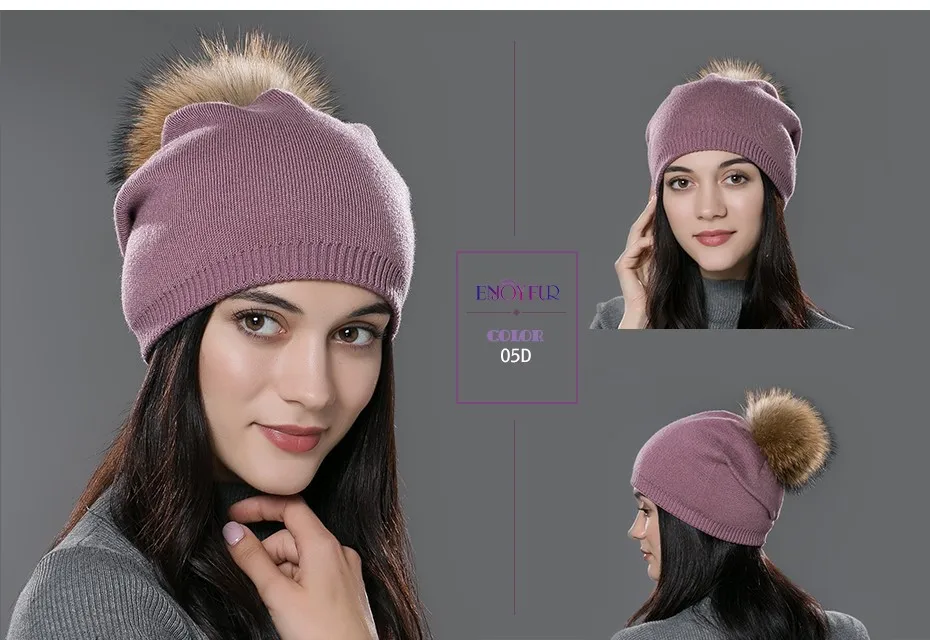 Bonnet en laine chaude et son pompon en fourrure