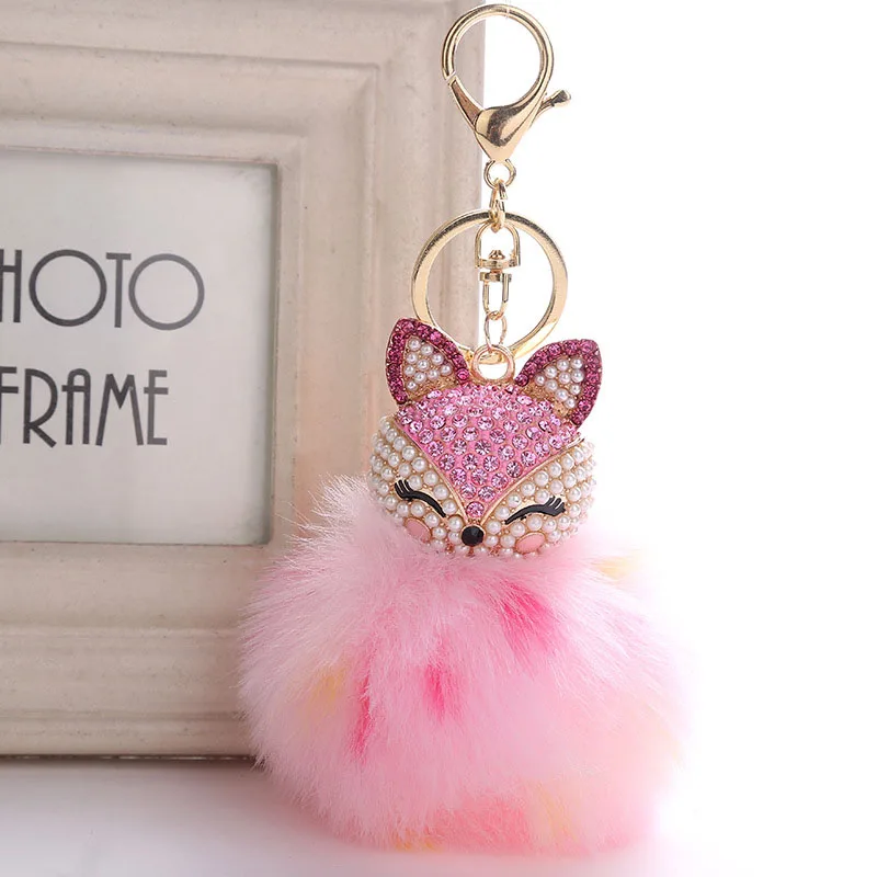 

Fluffy Animal Rabbit Fur Ball Key Chain Crystal Fox Pompom Keychain Car Bag Pompon Key Ring PomPom KeyRings Jewelry Women