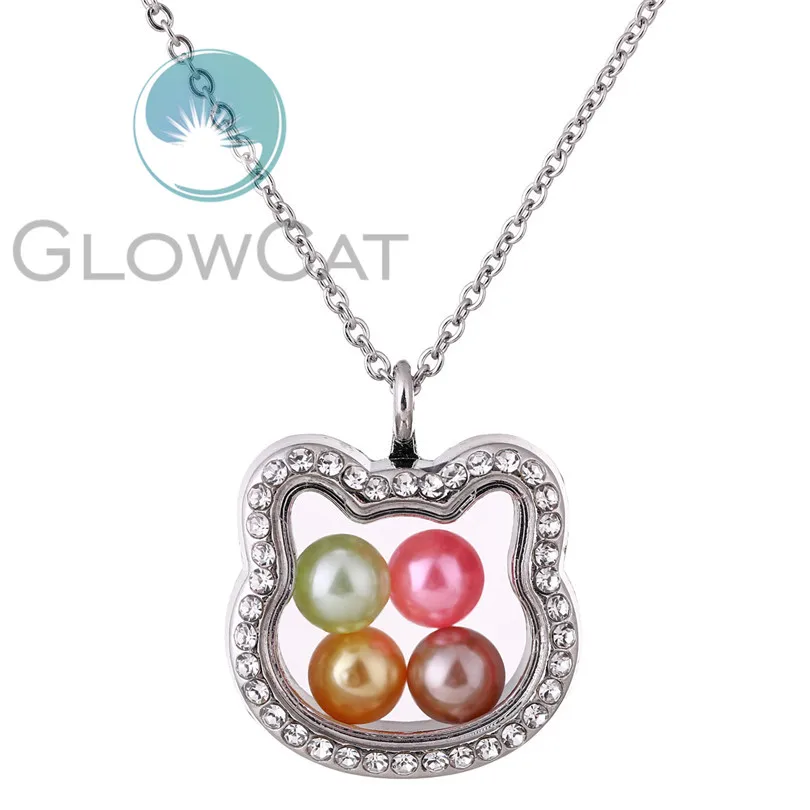 

K1391 Cat head Magnetic Living Memory 8mm Beads Locket Pearl Cage Floating Pendant With Rhinestone Necklace