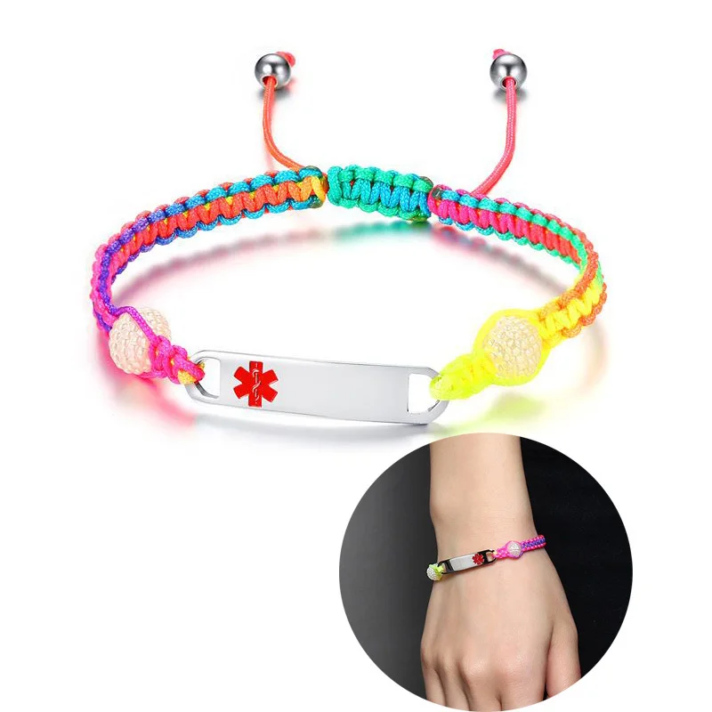

Rainbow Braided Rope Link Medical Alert ID Tag Bracelet for Kids-Adjustable TYPE 1 DIABETES BLOOD THINNER TYPE 2 DIABETES