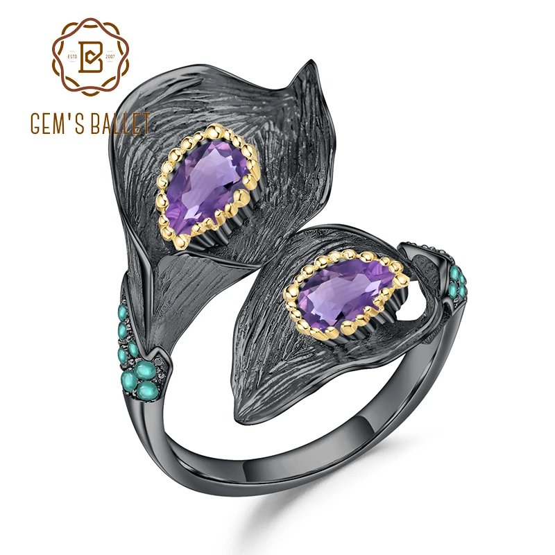 GEM'S BALLET 1.08Ct натуральный аметист Калла цветок лилии кольцо ручной работы дизайн 925 пробы Серебряное регулируемое кольцо для женщин Bijoux
