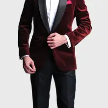 Модный стиль, на одной пуговице, бордовый бархат, смокинги друзей жениха, мужские свадебные костюмы для выпускного вечера, жених(пиджак+ брюки+ галстук-бабочка) K: 1030
