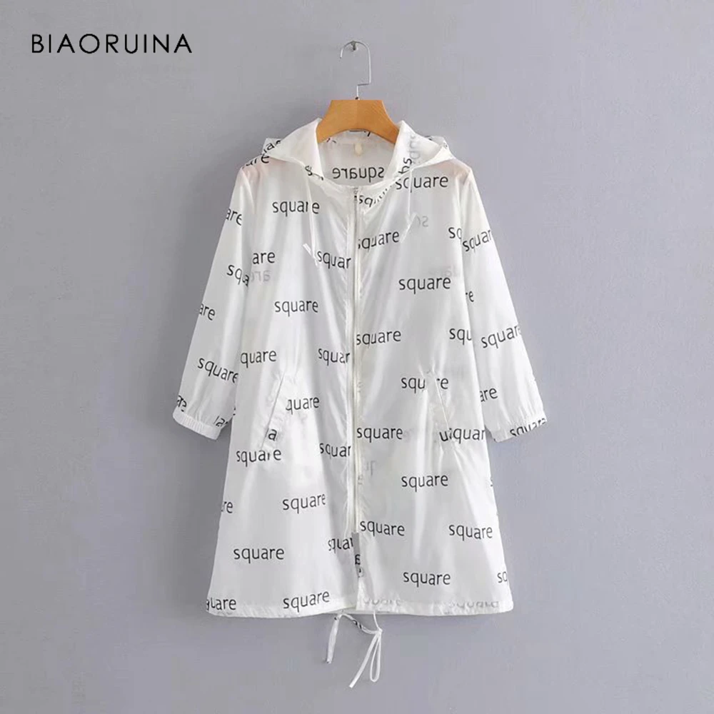 

BIAORUINA Women Casual Letter Printed Long Trench Female Fashion Sunscreen Hooded Streetwear Women's Loose Outerwear Coats