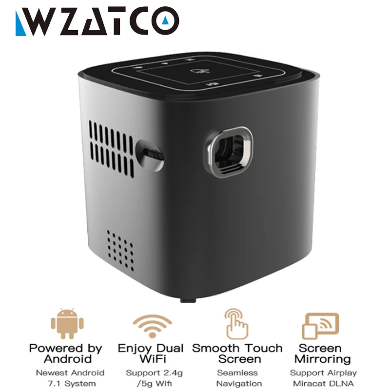 

WZATCO DLP Mini Projector 3400mAh battery Android 7.1 Wifi Bluetooth Full HD 1080P Home Theater Movie Portable Projector Beamer