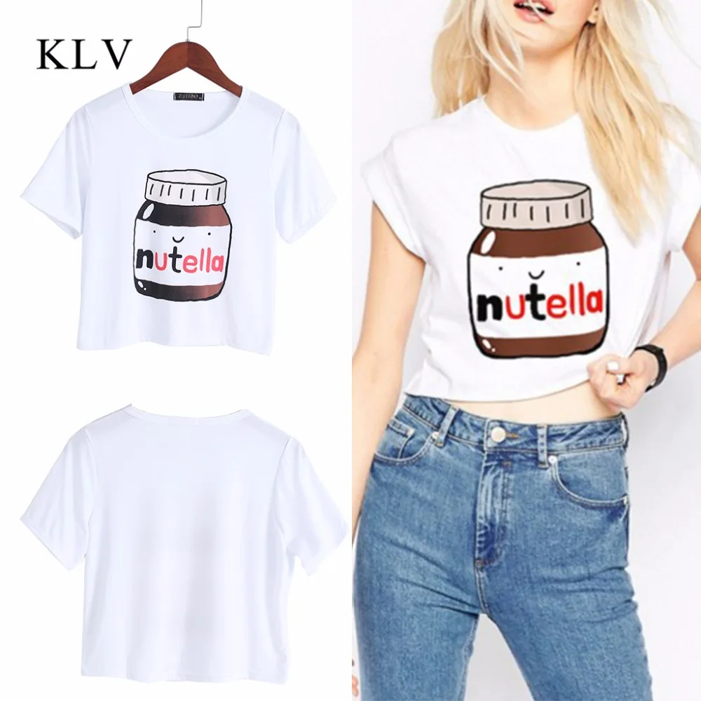 

KLV Women Nutella Print Kawaii Crop Tops Summer Short Sleeve T Shirt Harajuku Fitness