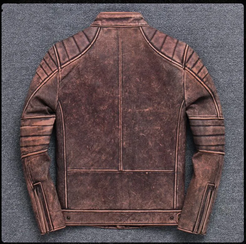 Ретро винтажная коричневая мотоциклетная кожаная куртка размера плюс XXXL Натуральная Воловья кожа Весенняя приталенная байкерская куртка