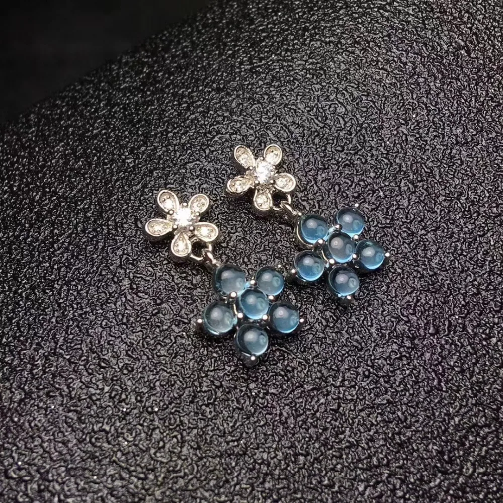 Природные Лондон Голубой топаз серьги серебро 925 натуральный камень Женская мода цветок серьги ювелирные изделия для женщин вечерние