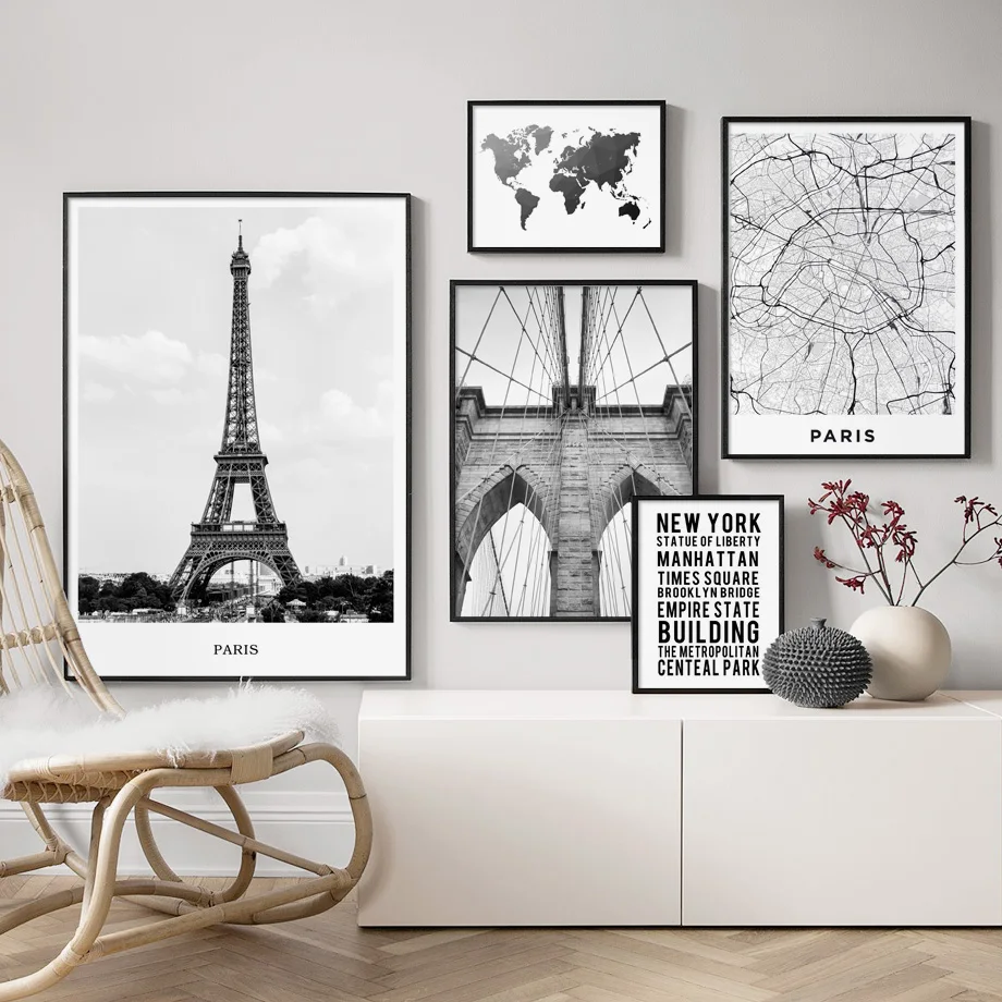 

Canvas Paintings Printed Home Decoration World Map Paris Tower Brooklyn Bridge Wall Artwork Modular Pictures Poster Kids Room