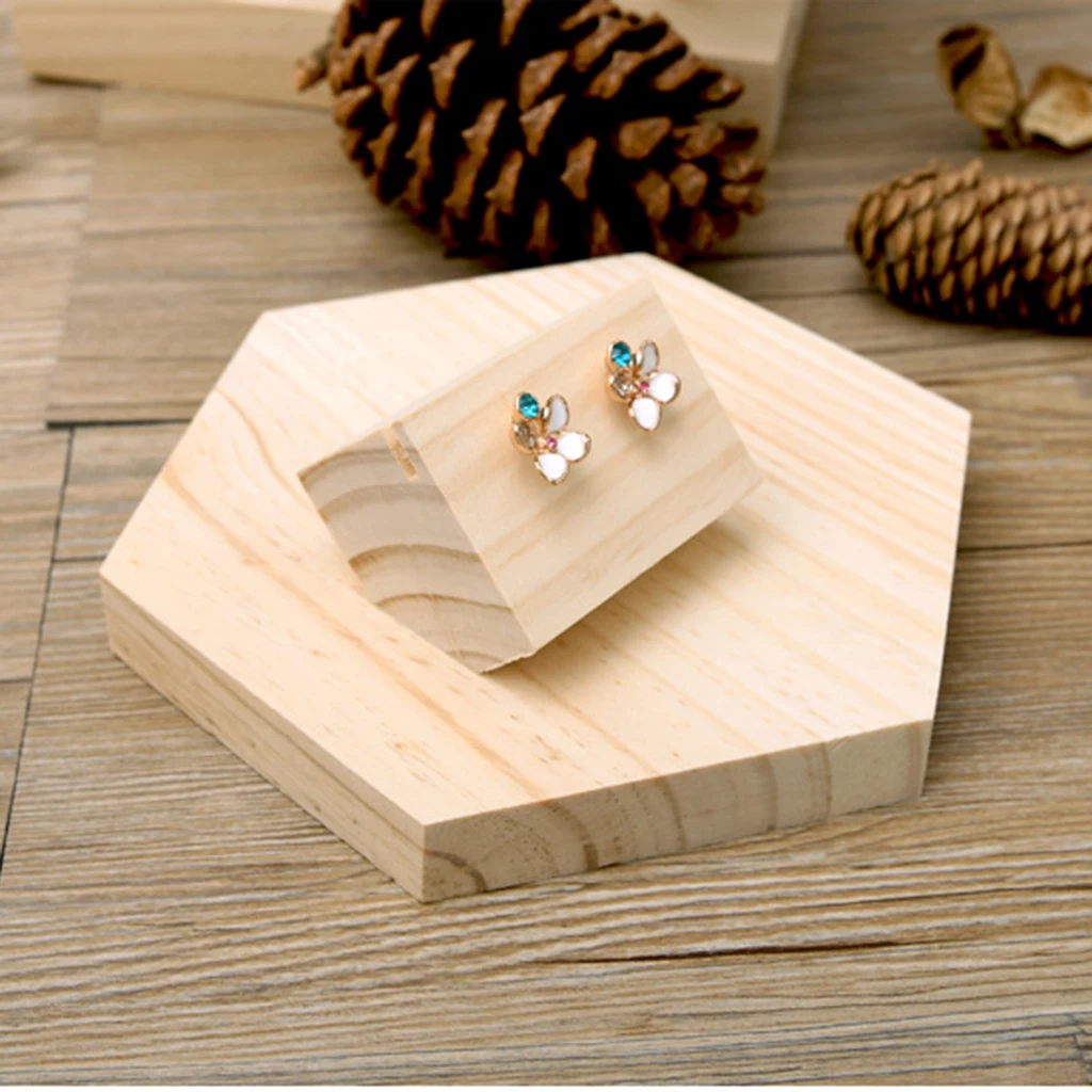 

2Pieces Plain Unpainted Wooden Earrings Stand Case Hexagon Jewelry Display