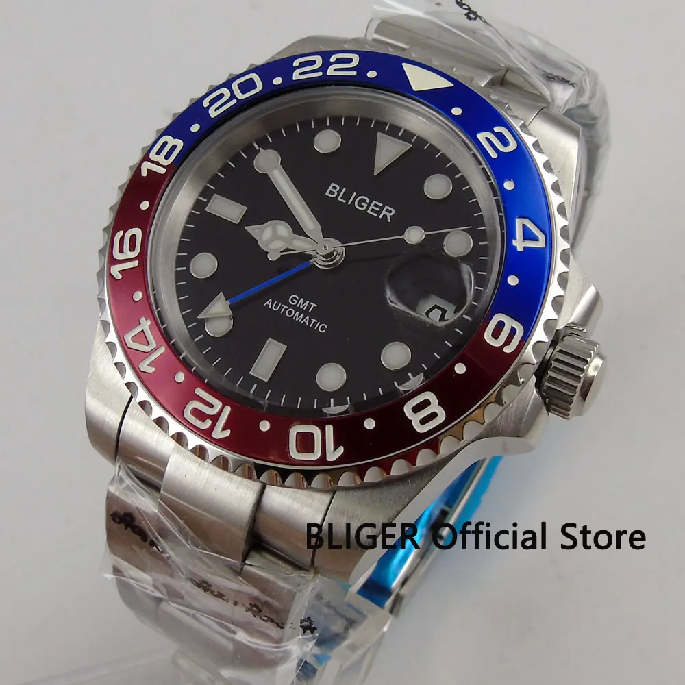 

Sapphire Crystal BLIGER 43MM Black Dial Blue Red Bezel Luminous Marks GMT Function Automatic Movement Men's Wrist Watch B175
