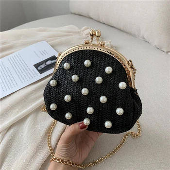 

Fashion Pearl Women Messenger Bag Straw Knitting Handbags Ladies Small Clutch Bag Chain Shoulder Crossbody Bags For Women Purse