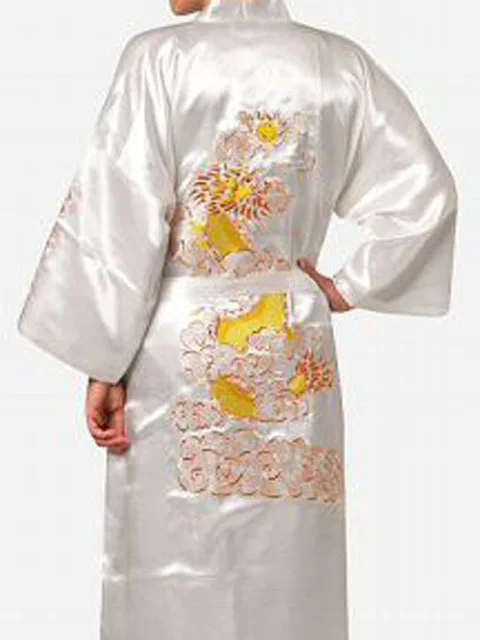 Темно-синий китайский Мужской Атласный шелковый халат с вышивкой кимоно банное платье Дракон Размер S M L XL XXL XXXL S0008 - Цвет: Белый
