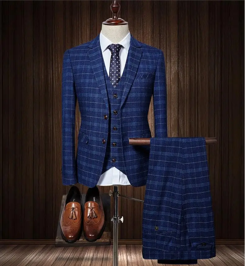 (Jacket+Vest+Pants) 2018 grid Men Suits Fashion wool Men's Slim Fit business wedding Suit men Wedding suit 3 colors (Jacket+Vest+Pants) 2018 grid Men Suits Fashion wool Men's Slim Fit business wedding Suit men Wedding suit 3 colors