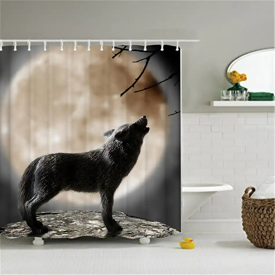 Shower Curtain Polyester Waterproof Creative Howling Wolf Under