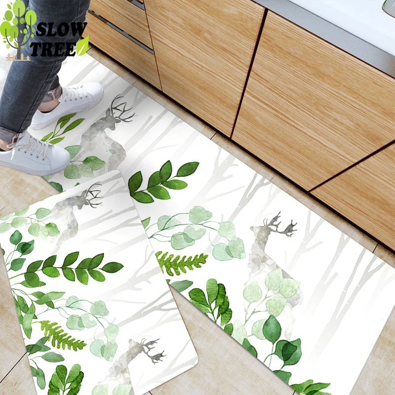 

Slow Tree PVC Leather Kitchen Carpet Modern Home Area Anti-slip Bathroom Mat Oil-proof Kitchen Pink Rugs Carpet for Bedroom