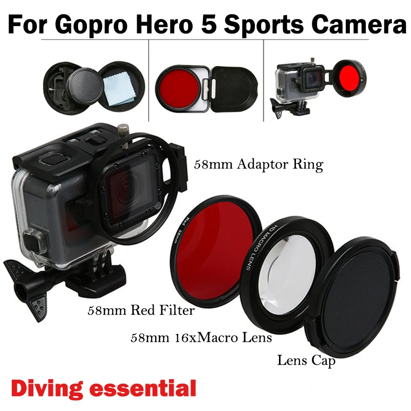 

58mm Go pro HERO 5 HERO5 16x Macro Lens + UV Red Filter + Lens Cap for GoPro hero5 Go pro Hero 5 Black sports camera Accessories