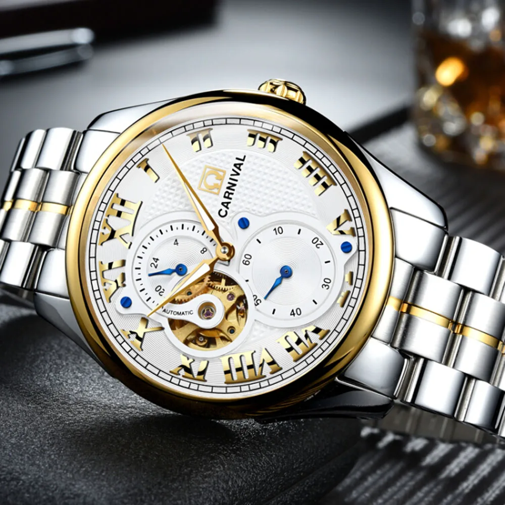 

Carnival Hollow Out Watch Men Mechanical Stainless Steel Roman Dial Watches Luminous Waterproof Male Tourbillon Clock