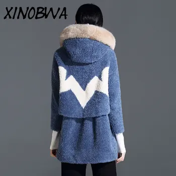 

Europe New Women Winter High Street Fashion Big Real Fox Fur Hooded Patchwork Personality 100%Wool Coats Ladies Vadim outwear