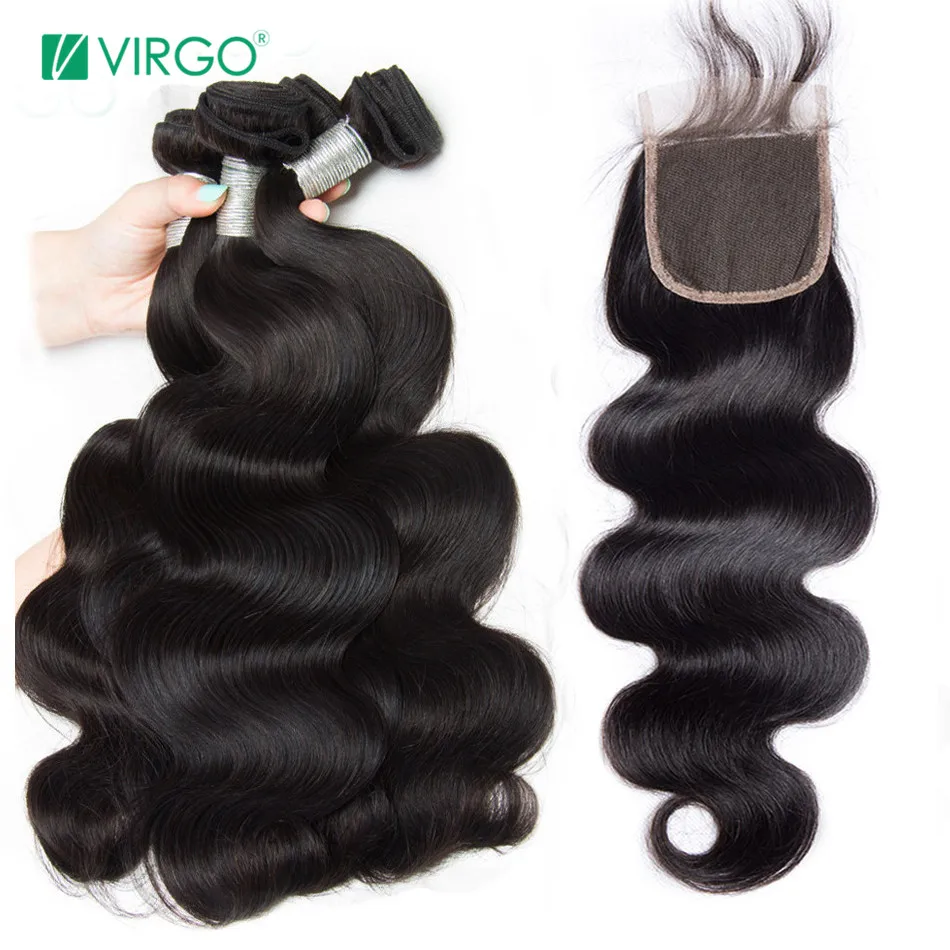 Virgo волосы малазийские волнистые с закрытием шнурка 100% remy волосы человеческие волосы пучки с закрытием 4X4 бесплатно/средний и три части