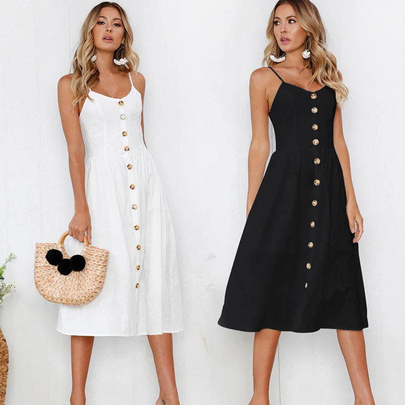 

Sleeveless Backelss Sexy Summer Dress Women 2019 Black White Casual Dress Spaghetti Strap Dresses Button midi Sundress female
