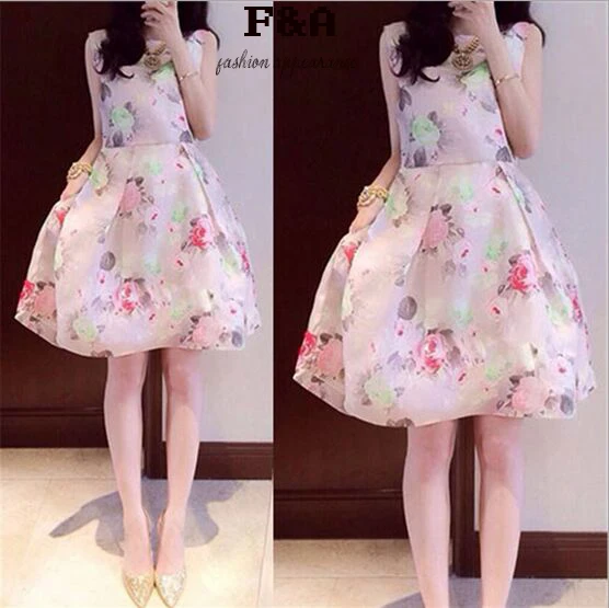 New Fashion 2015 Women Dress Casual Print Sleeveless O-neck Collar Plus Size Cute Party Summer Clothing | Женская одежда