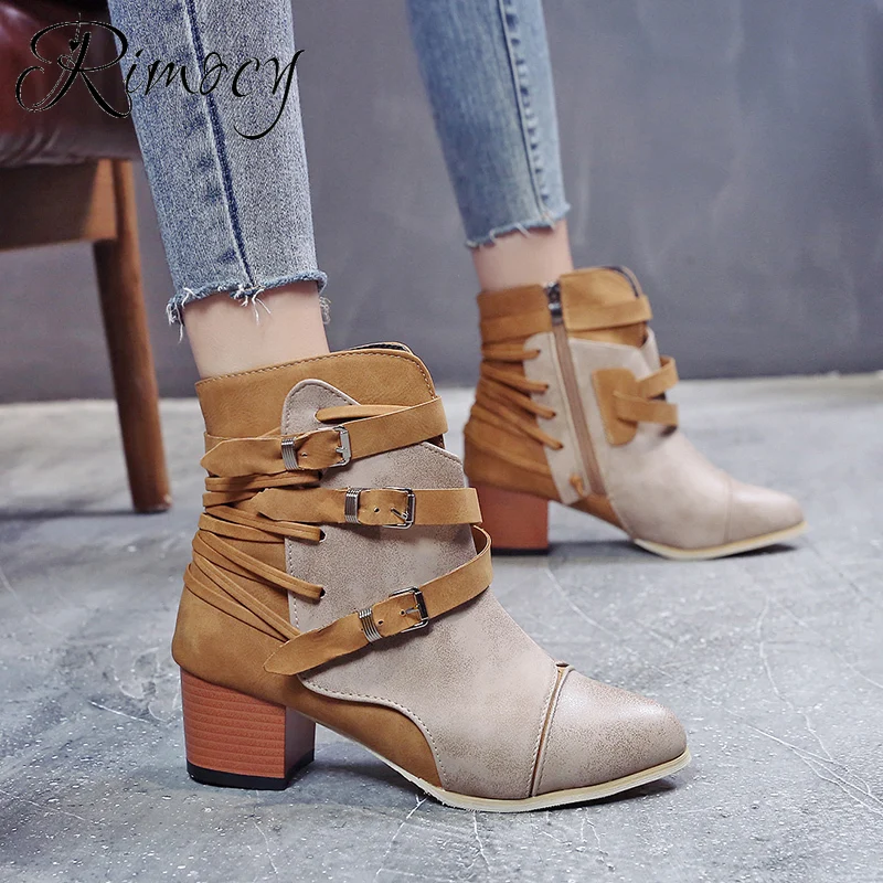 

Rimocy 2019 New Women Cowboy Boots Buckle Shoes Woman High Heels Ankle Boots for Women Chunky Heel Booties Plus Size Botas Mujer