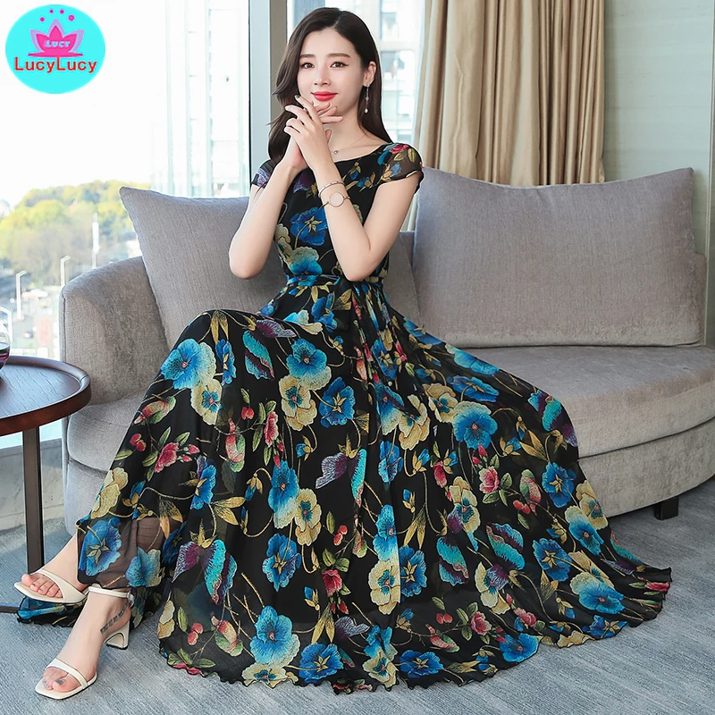 

2019 summer new long slim waist retro print chiffon dress Ankle-Length O-Neck Zippers Short Print Loose Chiffon