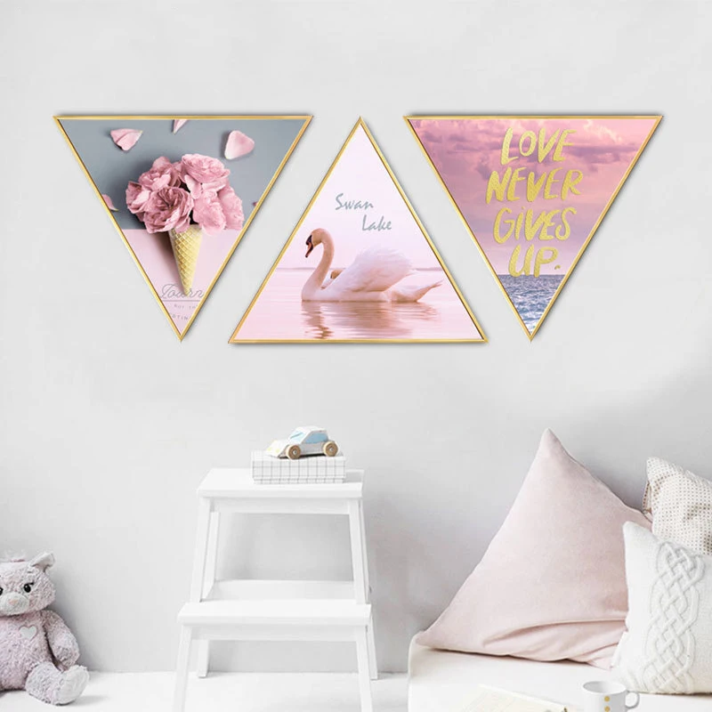 

Pink swan triangular wall pictures for living room framed wall art canvas framed oil painting cuadros decoracion salon