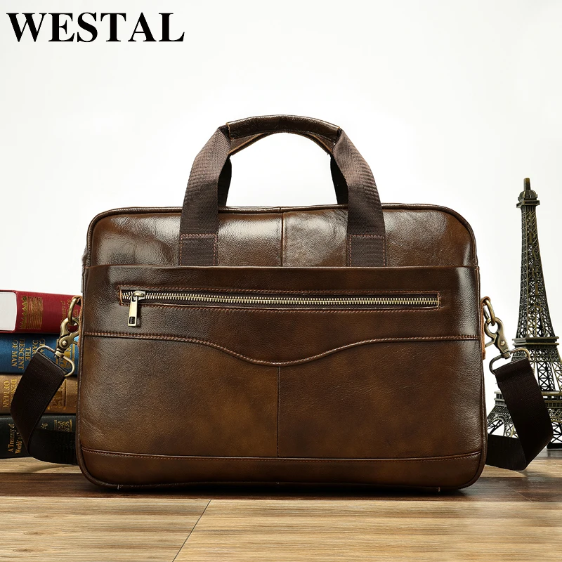 WESTAL جلد طبيعي حقيبة ساعي حقيبة الكتف للرجال عارضة الذكور حقائب كمبيوتر محمول الرجال الكمبيوتر تجارية (سابقا) اليد للرجال 1118