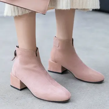 

EshtonShero Women Ankle Boots Shoes Woman Med Heels Flock Pointed Toe Platform Pink Zipper Ladies Motorcycle Boots Size 3-8