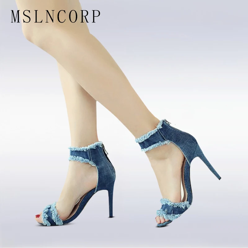 

plus size 34-43 Cutout Jeans High Heel Women Sandals Fashion Summer Peep Toe Denim Zipper Women Thin Heels Woman Shoes Footwear