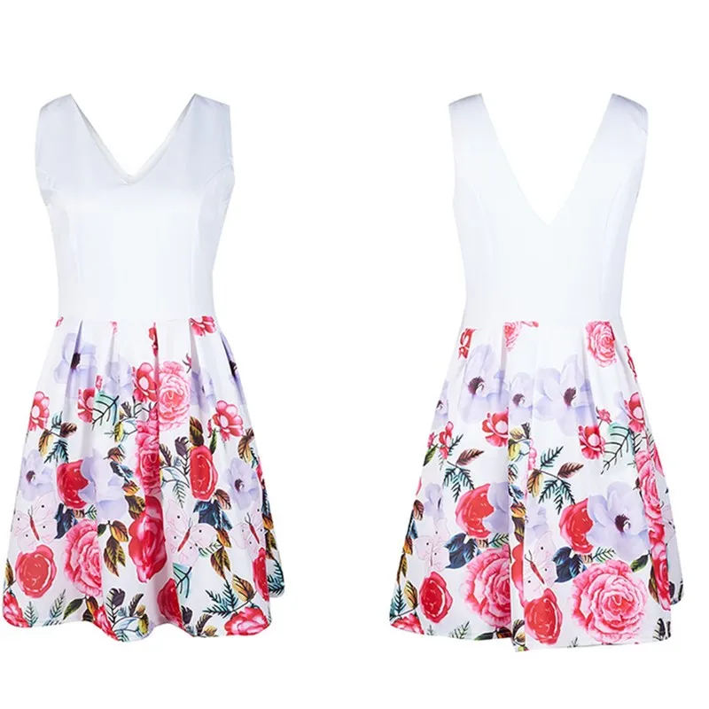 Oufisun Summer New Sexy Backless White Print Mini Dress For Fashion V-Neck Sleeveless A-line Dress Womens Party Dresses Vestidos