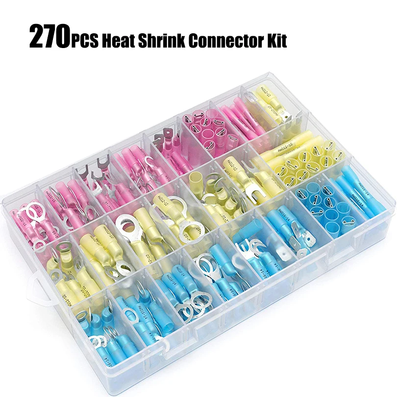 

270PCS Heat Shrink Wire Connector Kit Electrical Insulated Crimp Ring Butt Spade Marine Waterproof Auto Automotive Terminals Set