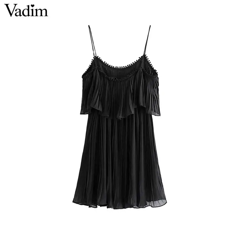

Vadim women sexy solid black square collar patckwork backless mini dress sleeveless pleated ruffles female party dresses QB760