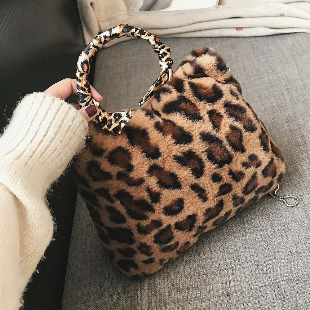 Soft Faux Fur Handbag For Women Ladies Leopard Shoulder Bags With Round