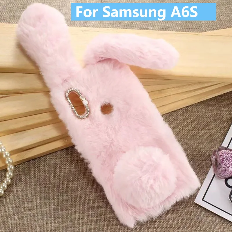 Plush Bunny Case for Samsung Galaxy A6S Soft Fur Cute 3D Rabbit Ears TPU Bling Diamond Fluffy
