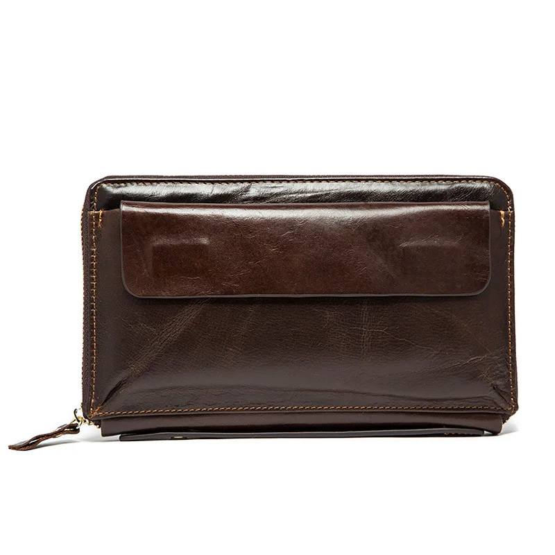 

Perfect Quality 100% Guarantee Real Genuine Leather Men Clutch Bag Vintage Safe Zipper Long Wallet Coffee Casual Men's Clutch