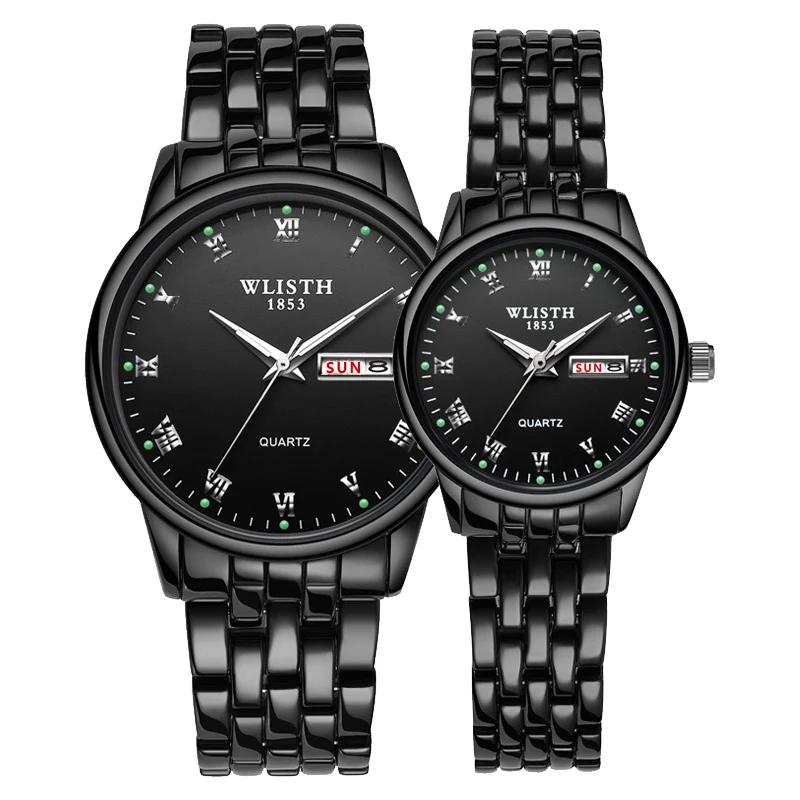 Best Quality  1 Pair Couple Watch Stainless Steel Watch Date Week Luminous Fashion Lovers Watch Gift Box Quartz W