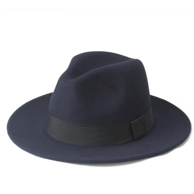 Мода шерсть с широкими полями зима осень мужская фетровая шляпа Федора для джентльмена Топ Клош Панама сомбреро Кепка 58 см - Цвет: Dark Blue