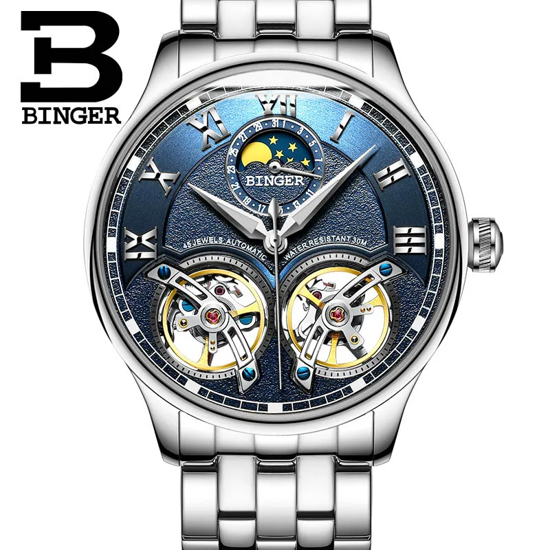 Двойной турбийон Швейцария Binger оригинальные мужские автоматический self-ветер Модные мужские механические наручные часы черный кожаный ремешок - Цвет: 03