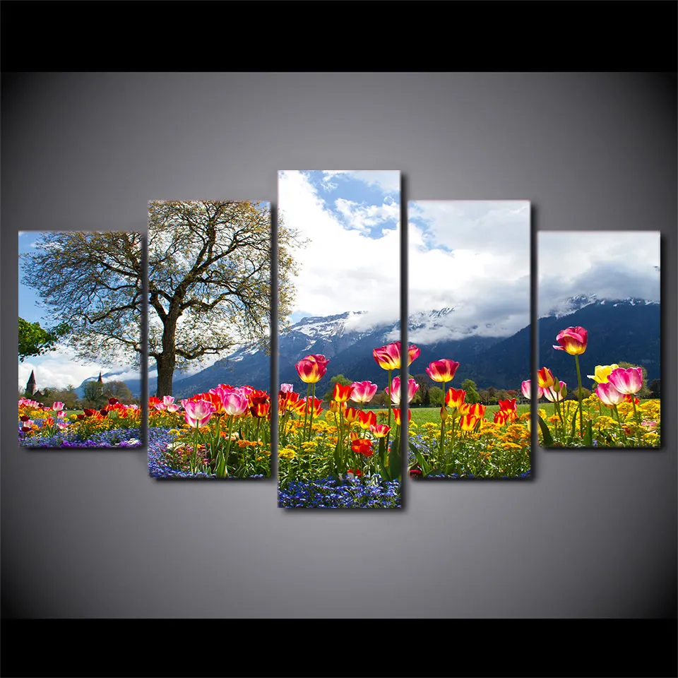 Home Decor Living Room Wall Pictures 5 PiecePcs Tree Flowers Nature Scenery Art Painting Modular HD Print Canvas Poster Frame
