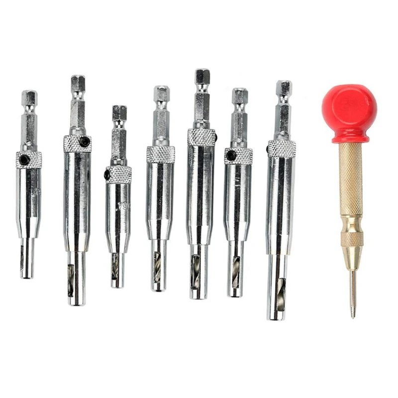 

Self-Centering Drill Bit Wood Doors Self Center Hinge Core Tapper Drill Bit Set Automatic Spring-Loaded Center Hole Punch Tool