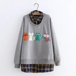 Женский пуловер, осень-весна, японский стиль, клетчатый отложной воротник, длинный рукав, Лоскутная кошка, имитация двух частей