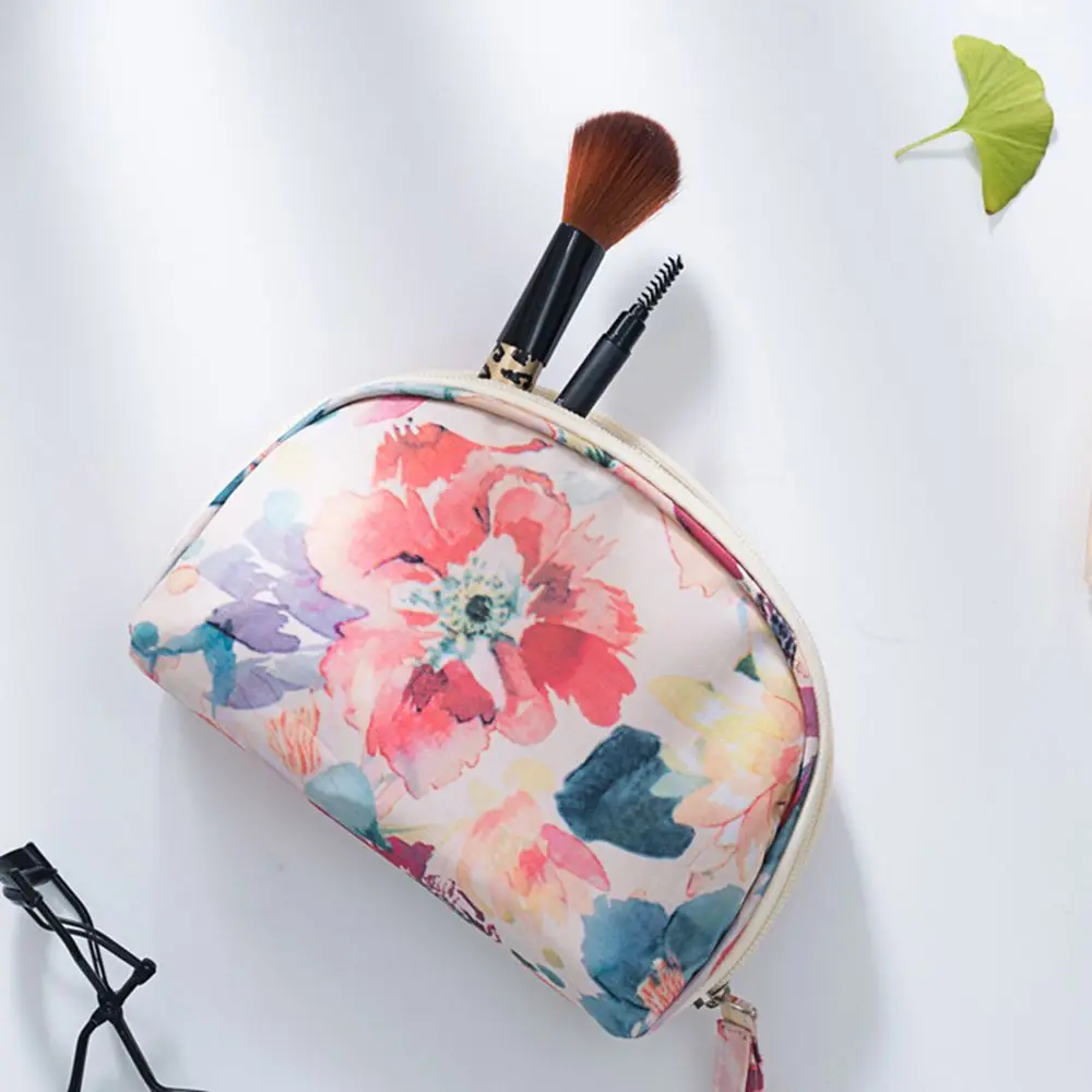 

1Pc Cosmetic Bag Semicircle Shells Floral Pattern Portable Zipper Case Makeup Organizer Travel Sundries Storage Women Pouchs