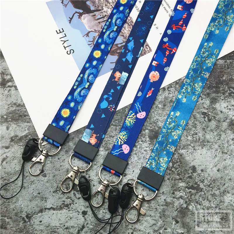 فان غوغ مليء بالنجوم ليلة قسط الحبل الرقبة حزام للمفاتيح ID بطاقة رياضة أحزمة هاتف المحمول USB شارة حامل DIY شنق حبل الوهق